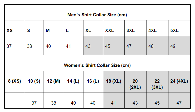 neck size chart