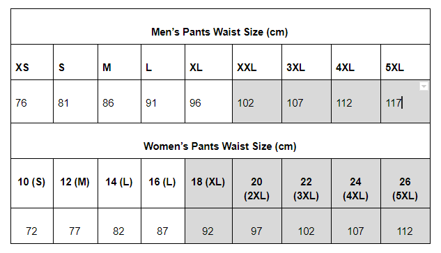pant size chart